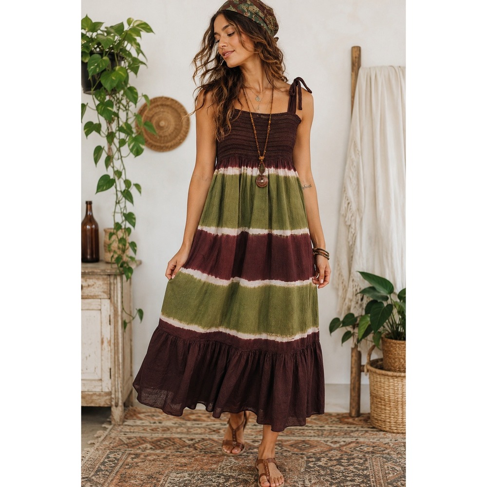 Bila Maxi Dress Womens Small Brown Green Tie Dye Smocked Tie Shoulder Boho